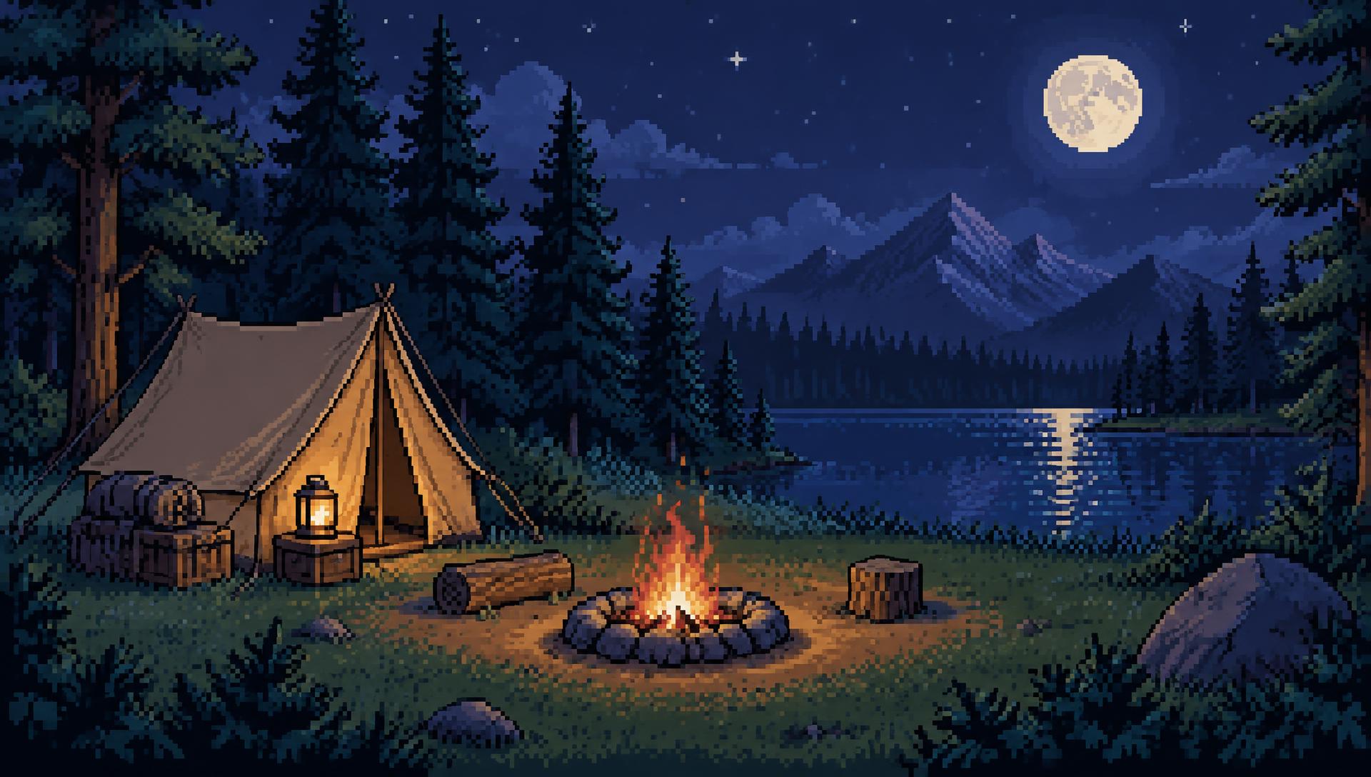 Pixel-art campsite at night with a tent, campfire, lake and full moon